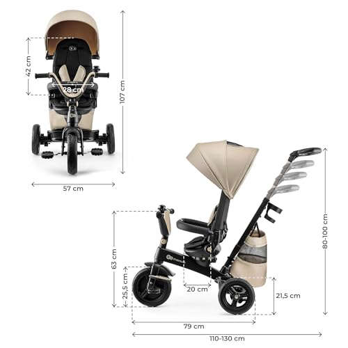 Kinderkraft EASYTWIST Triciclo Infantil, con Accesorios, Ventana de Techo, Cinturones de Seguridad, rotación de 360 Grados, Rueda Libre, Barra de Empuje, a Partir de 9 Meses hasta 5 años, Beige