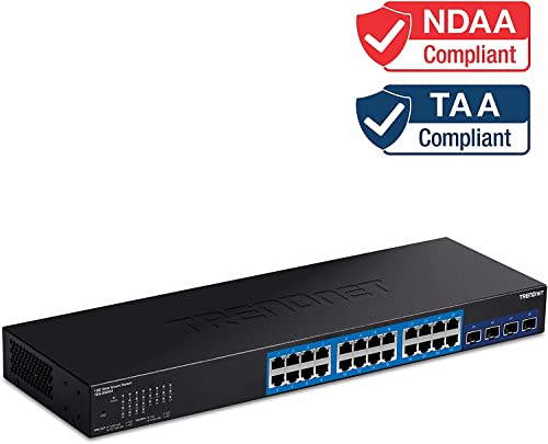 TRENDnet, TEG-30284, Conmutador Web Inteligente de 28 Puertos, 24 Puertos Gigabit, 4 Ranuras SFP+ de 10 G, Enlaces ascendentes de Red de Alta Velocidad, Montaje en Rack 1U, Negro