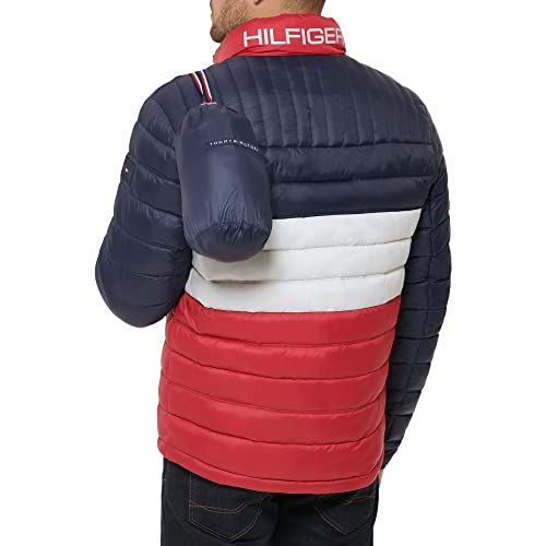 Tommy Hilfiger Ultra Loft Lightweight Packable Puffer Jacket (Standard and Big & Tall) Abrigo Alternativo de plumón, Midnight/Ice/Red Colorblock, L Alto para Hombre