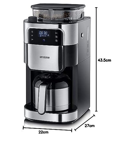 SEVERIN - Cafetera de goteo con molinillo hasta 10 tazas, Cafetera de filtro / Cafetera americana con jarra de cristal de 1l, con pantalla LED con temporizador, Acero inoxidable / Negro, KA 4814