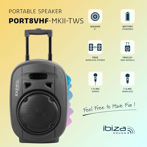 Ibiza - PORT8UHF-MKII-TWS - Altavoz portátil de 8"/400 W MAX con 1 micrófono con cable y 1 micrófono UHF, mando a distancia y maletín de transporte - Bluetooth, USB, SD y TWS - 6-8 horas de autonomía