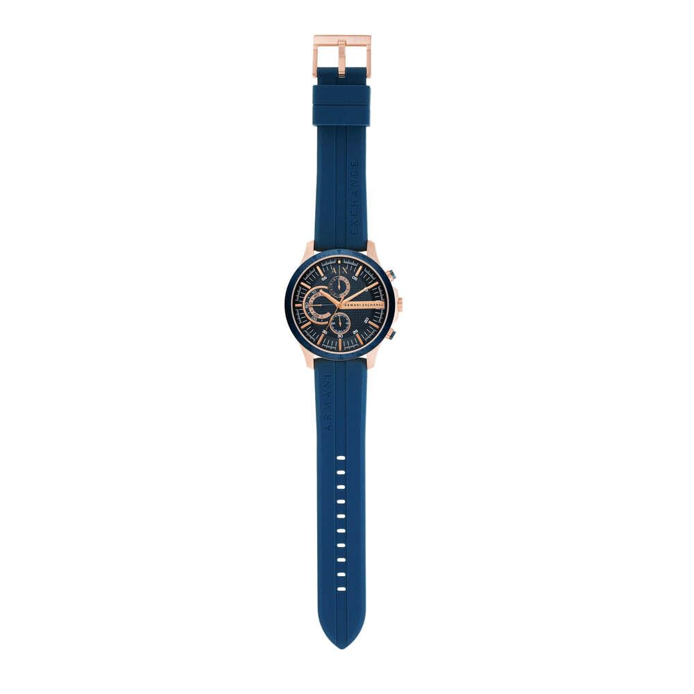 Armani Exchange Orologio da uomo, Movimento cronografo al quarzo e cassa da 46 mm con cinturino in silicone, Tono oro rosa y azul oscuro