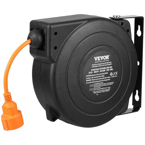 VEVOR Carrete de Cable de Extensión Retráctil 15 m 1600 W con Cable de Alimentación de 1 m Protección contra Sobrecalentamiento Carcasa de PP, Soporte Giratorio de 180° para Montaje en Techo, Pared