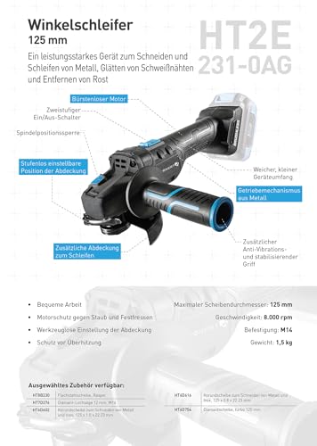 HÖGERT TECHNIK Juego de amoladora angular inalámbrica de 18 V, 125 mm, motor sin escobillas, 8000 RPM, con batería de 4,0 Ah y cargador rápido, protección contra sobrecalentamiento y cortocircuito,