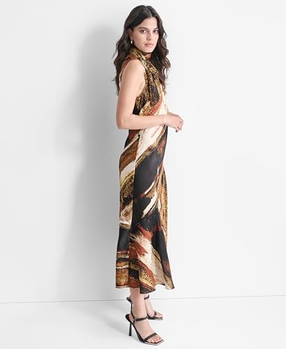 DKNY Sleeveless Printed Tie Neck Dress Vestido, Paint Stroke, XL Mujeres