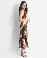 DKNY Sleeveless Printed Tie Neck Dress Vestido, Paint Stroke, XL Mujeres