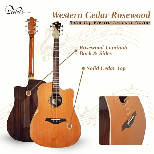 Sevinia Guitarra electroacústica, estilo occidental con parte superior de cedro macizo y parte trasera y laterales de palisandro, ecualizador de 3 bandas, afinador, diapasón de palisandro, bolsa