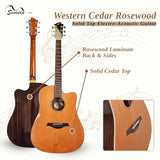 Sevinia Guitarra electroacústica, estilo occidental con parte superior de cedro macizo y parte trasera y laterales de palisandro, ecualizador de 3 bandas, afinador, diapasón de palisandro, bolsa