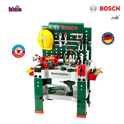 Theo Klein 8485 Banco de trabajo N.º 1 de Bosch I 150 piezas I Incluye destornillador eléctrico, set de construcción, máquina amoladora y mucho más I Medidas: 62 cm x 42 cm x 100 cm