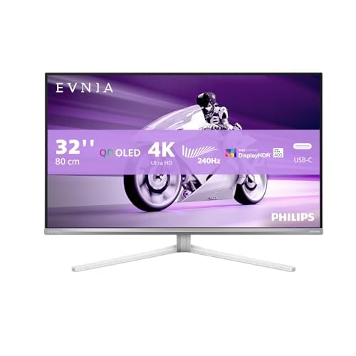 Philips Evnia 32M2N8900AM - Monitor Gaming OLED UHD de 32 Pulgadas, 240 Hz, 0,03 ms, HDR400, FreeSync Prem. Pro, compilación G-Sync. (3840x2160, 2X HDMI 2.1, 1x DP 1.4, 1x USB-C, Blanco