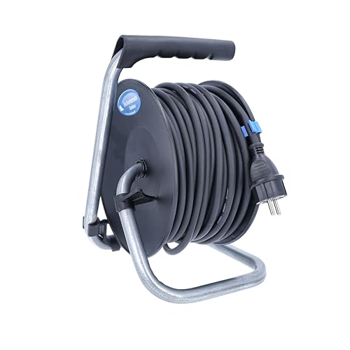 as - Schwabe enrollacables de 50 m H05RR-F 3G1,5-3 tomas con tapas de protección - Protegido frente a salpicaduras de agua IP44 - Protección contra sobrecalentamiento - Made in Germany, 10135