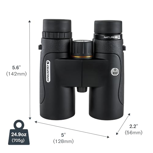Celestron 72333 Nature DX ED 10x42: prismáticos con lentes objetivo con dispersión baja, exteriores y aves, revestimiento múltiple completo y prismas BaK-4, carcasa revestida resistente al agua y vaho