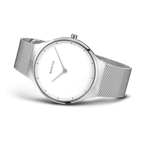 BERING 12138-004 Reloj de Cuarzo Unisex con Caja de Acero Inoxidable Plateado de 38 mm y Esfera Blanca, Correa milanesa, Cristal de Zafiro y Resistencia al Agua de 3 ATM