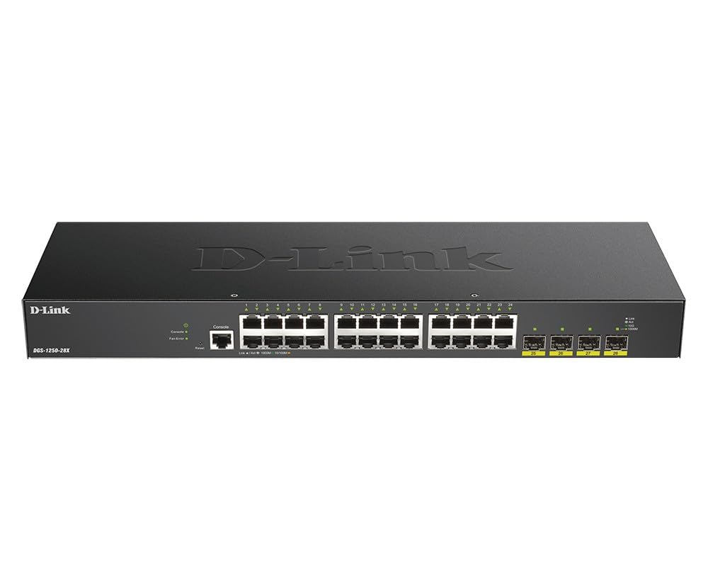 D-Link DGS-1250-28X - Switch 28 Puertos Gigabit Gestionable con UpLink a 10Gbps, Layer 2 y Layer 3 Lite (24x 10/100/1000BASE-T, 4X 10G uplink SFP+ y 1x Consola RJ-45), Negro