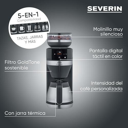 SEVERIN FILKA, cafetera de filtro totalmente automática, cafetera de filtro 5 en 1 con pantalla LED, molinillo, con jarra termo, negro mate/acero inoxidable, KA 9695