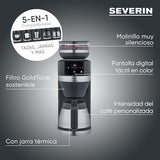 SEVERIN FILKA, cafetera de filtro totalmente automática, cafetera de filtro 5 en 1 con pantalla LED, molinillo, con jarra termo, negro mate/acero inoxidable, KA 9695
