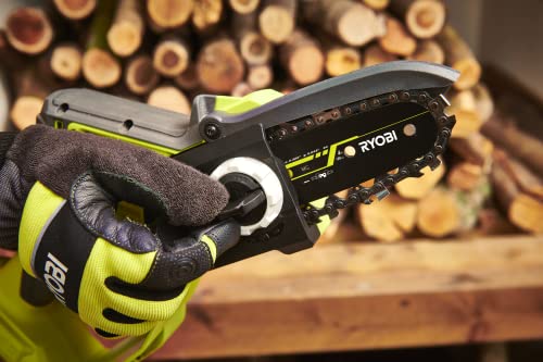 RYOBI - Motosierra de Mano Brushless 18V ONE+ - Barra 10 cm - Herramienta Compacta de Poda de Ramas - Tensor de Cadena sin Herramientas - Ambidiestro - Batería 2,0 Ah y Cargador 1,5 A - RY18PSX10A-120