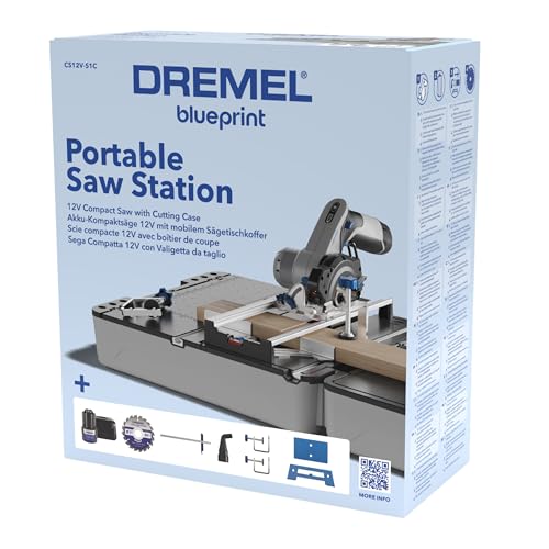 Dremel Blueprint Estación de Sierra Circular Portátil 12V Sin Escobillas con Estación de Trabajo 1x Disco Multimaterial, 1x Guia de Corte, 1x Adaptador de Polvo, 2x Gatos