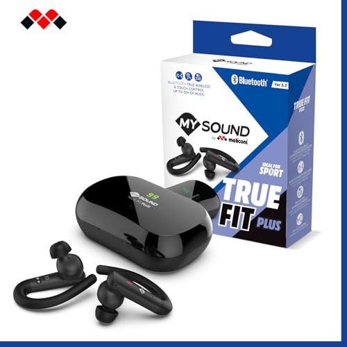 Meliconi MYSOUND True FIT Plus, Auriculares True Wireless Bluetooth 5.3 Negro, para Deportes, Control Táctil, Estuche de Carga con LED, Batería de 32 Horas