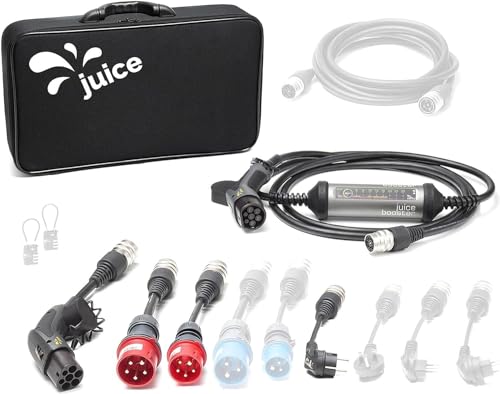 Juice Booster 2 Traveller Plus Set, Mobile Wallbox 22kW Sin Instalación, Cargador Coche Electrico con Cable Tipo 2, Ligero e Impermeable IP67, Incluye CEE 32/16 Rojo + EU Schuko + Adaptador Tipo 2