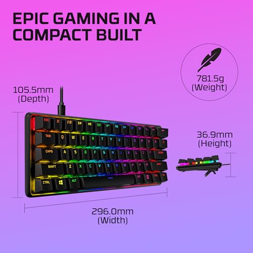HyperX Alloy Origins 60 – Teclado mecánico para juegos - Formato ultracompacto al 60 % – Tecla HyperX Aqua (táctil) - Cubiertas de PBT de doble capa de las teclas - Retroiluminación LED RGB
