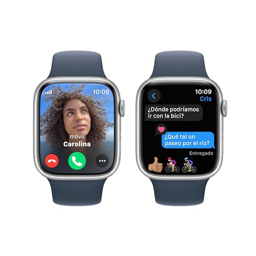 Apple Watch Series 9 [GPS + Cellular] Smartwatch con Caja de Aluminio en Plata de 45 mm y Correa Deportiva Azul tempestad - Talla M/L. Monitor de entreno, App Oxígeno en Sangre, Resistencia al Agua