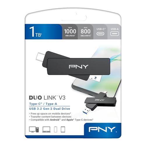 PNY Unidad Flash Duo Link V3 1TB USB 3.2 Gen 2 Tipo-C y Tipo-A OTG, Velocidades de Lectura/Escritura 1000/800MB/s, Almacenamiento móvil Externo Compatible con Smartphones/tabletas/Ordenadores