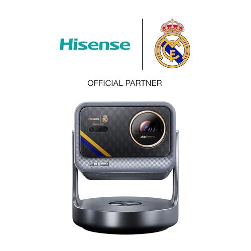 Hisense C2 Ultra Ed. Real Madrid - Mini Proyector Laser UHD 4K Smart TV, de 65" a 300", 3000 Lumen, Dolby Vision Atmos, Audio JBL + Subwofer, Zoom Digital, Autoenfoque, Contraste 2000:1