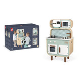 Janod - Cocina de doble cara- Cocina de madera para niños Recto-Verso - Cocina con luz y sonido - Con 7 accesorios - De 3 a 8 años, J06594