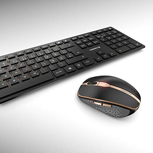 CHERRY DW 9000 SLIM, Set Inalámbrico de Escritorio, Distribución de Teclado Europeo (QWERTY), Bluetooth & 2.4 GHz RF, Teclas Silenciosas, Recargable, Negro/Bronce