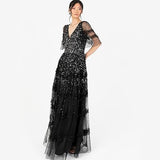 Maya Deluxe Women's Maxi Dress Ladies V-Neck Sequin Embellished Ruffle Detail for Wedding Guest Bridesmaid Prom Occasion Ball Gown Vestidos, Negro, 46 para Mujer