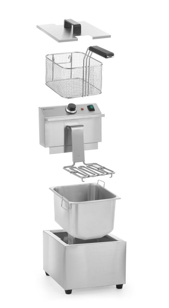 HENDI Freidora eléctrica, temperatura ajustable hasta 195°C, termostato de seguridad, zona fría, con tapa y cesta de freír, 8L, 230V, 3500W, 300x455x(H)345mm, acero inoxidable 18/0