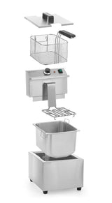 HENDI Freidora eléctrica, temperatura ajustable hasta 195°C, termostato de seguridad, zona fría, con tapa y cesta de freír, 8L, 230V, 3500W, 300x455x(H)345mm, acero inoxidable 18/0