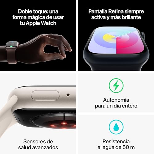 Apple Watch Series 9 [GPS + Cellular] Smartwatch con Caja de Aluminio en Blanco Estrella de 41 mm y Correa Deportiva Blanco Estrella - Talla M/L. Monitor de entreno, App Oxígeno en Sangre