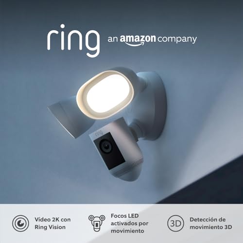 Ring cámara Pro con focos cableada (Floodlight Cam Wired Pro) | Cámara exterior con vídeo 2K, Ring Vision, detección de movimiento 3D, (alternativa al CCTV) | 30 días de prueba gratuita de Ring Home