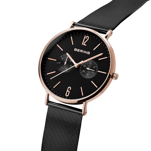 BERING 14240-163 Reloj de cuarzo para hombre con caja de acero inoxidable de 40 mm con acabado en oro rosa y esfera negra, correa milanesa, cristal de zafiro y resistencia al agua de 3 ATM