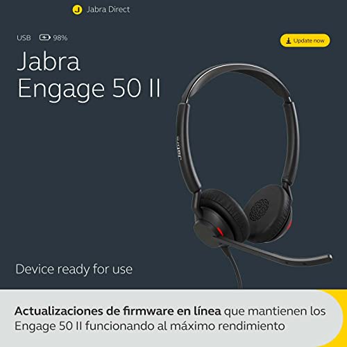 Jabra Engage 50 II Auriculares Estéreo con cable, 3 micrófonos, cancelación de ruido, ultraligeros, cable USB-C, Para plataformas de comunicaciones unificadas como Zoom y Unify, Negro
