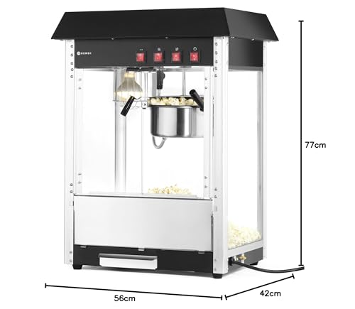 HENDI Máquina para hacer palomitas de maíz, palomitero, con bandeja recogemigas, 230V, 1500W, 560x420x(H)770mm, aluminio, acero inoxidable, cristal templado, negro
