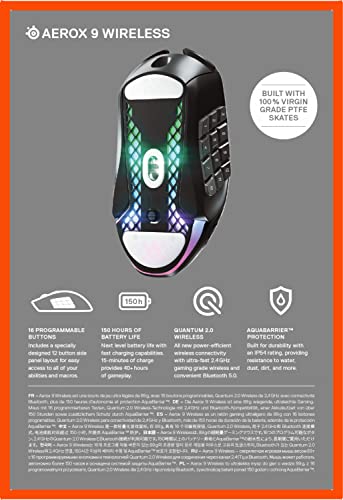 SteelSeries Aerox 9 Wireless - Ratón gaming RGB - Ultraligero resiste al agua - 18 botones - Bluetooth/2,4 GHz - Sensor TrueMove Air 18K DPI