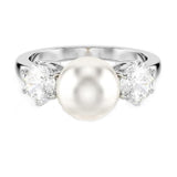 Swarovski Anillo de cóctel Matrix, Perla de cristal, Talla redonda, Blanco, Baño de rodio