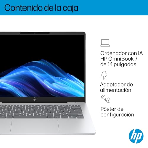 HP OmniBook 7 AI 14" OLED 2K, Ordenador Portátil Intel Core Ultra 7-255H, 32GB RAM, 1TB SSD, Gráficos Intel, Windows 11 Home, Wi-Fi 7, Gris - Teclado QWERTY Español