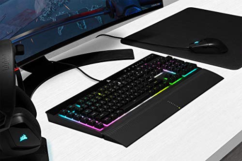 CORSAIR K55 RGB PRO XT Membrana Teclado para juegos con cable, IP42, resistente al polvo y a derrames, 6 teclas macro con integración Elgato, compatible con iCUE, QWERTY UK, PC, Mac, Xbox, color negro