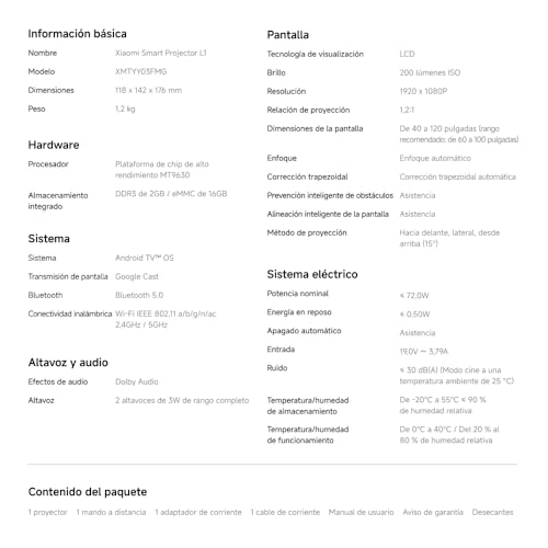Xiaomi L1 Proyector Inteligente 1080P con Google TV & Netflix, Portátil Cine en Casa, Enfoque Auto & Keystone, HDR10/HLG, Pantalla 120", WiFi 5G Bluetooth, Audio Dolby, Proyector Exterior