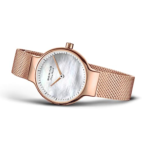 BERING 15527-364 Reloj de Cuarzo para Mujer con Caja de Acero Inoxidable de 27 mm con Acabado en Oro Rosa y Esfera Blanca, Correa milanesa, Cristal de Zafiro y Resistencia al Agua de 5 ATM