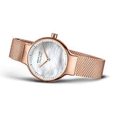 BERING 15527-364 Reloj de Cuarzo para Mujer con Caja de Acero Inoxidable de 27 mm con Acabado en Oro Rosa y Esfera Blanca, Correa milanesa, Cristal de Zafiro y Resistencia al Agua de 5 ATM