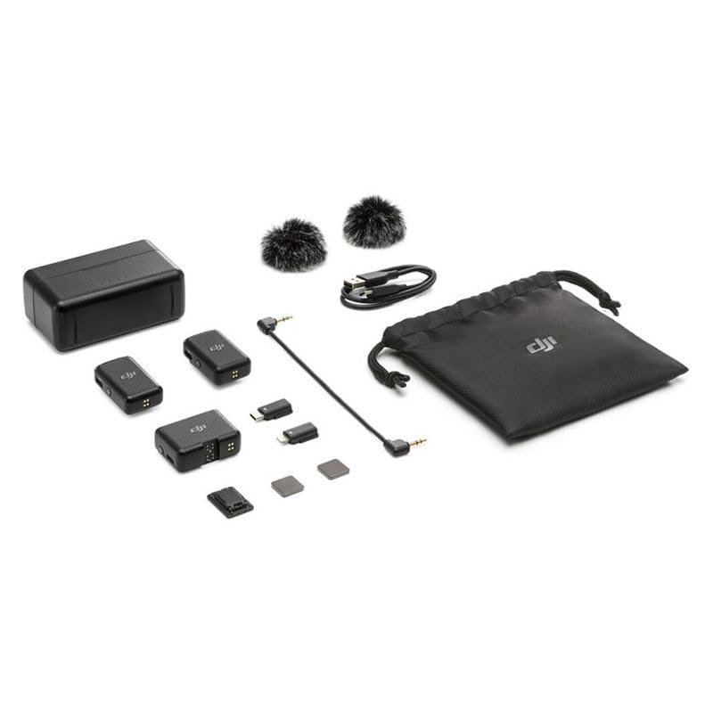 DJI Mic (2 TX + 1 RX + Estuche de Carga), micrófono lavalier inalámbrico, 15 Horas de batería, cancelación de Ruido micrófono inalámbrico para PC, iPhone, Grabar entrevistas, Youtube, Vlogs
