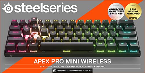 SteelSeries Apex Pro Mini Wireless-Teclado gaming mecánico –El teclado más rápido del mundo- Accionamiento ajustable - Factor forma compacto 60% – Bluetooth 5.0 – 2,4GHz – Teclado americano (QWERTY)