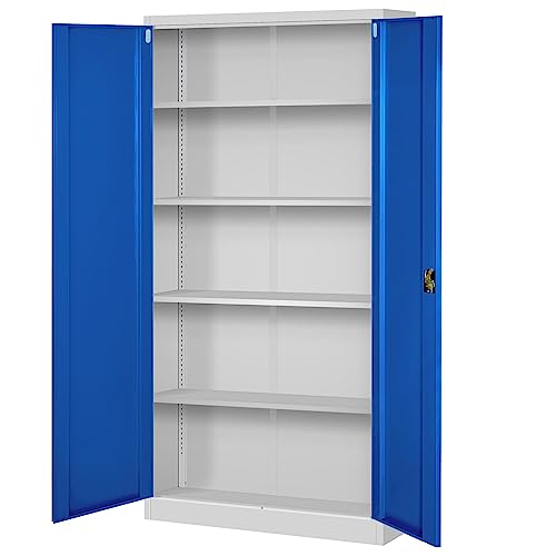 Juego de 4 Armario de Oficina Archivador Armario de Herramientas Metálico 4 Estantes con Recubrimiento de Polvo Se Puede Cerrar 195 cm x 90 cm x 40 cm (Gris-Azul)