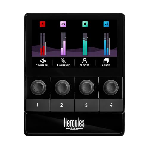 Hercules Stream 100, Controlador de Audio Intuitivo para Gestionar Streaming en Vivo en Tiempo Real, Hasta 8 Pistas, Pantalla LCD, Codificadores de Alta resolución, 4 Botones de Acción