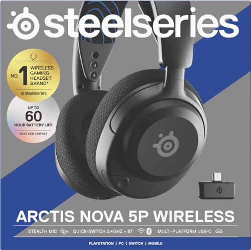 SteelSeries Arctis Nova 5P Cascos PS5 Inalámbricos - PS5, PC, Switch 2, móvil - Controladores magnéticos de neodimio - Más de 100 preajustes - Batería de 60 horas - 2,4 GHz o BT - Micro Gen2.X